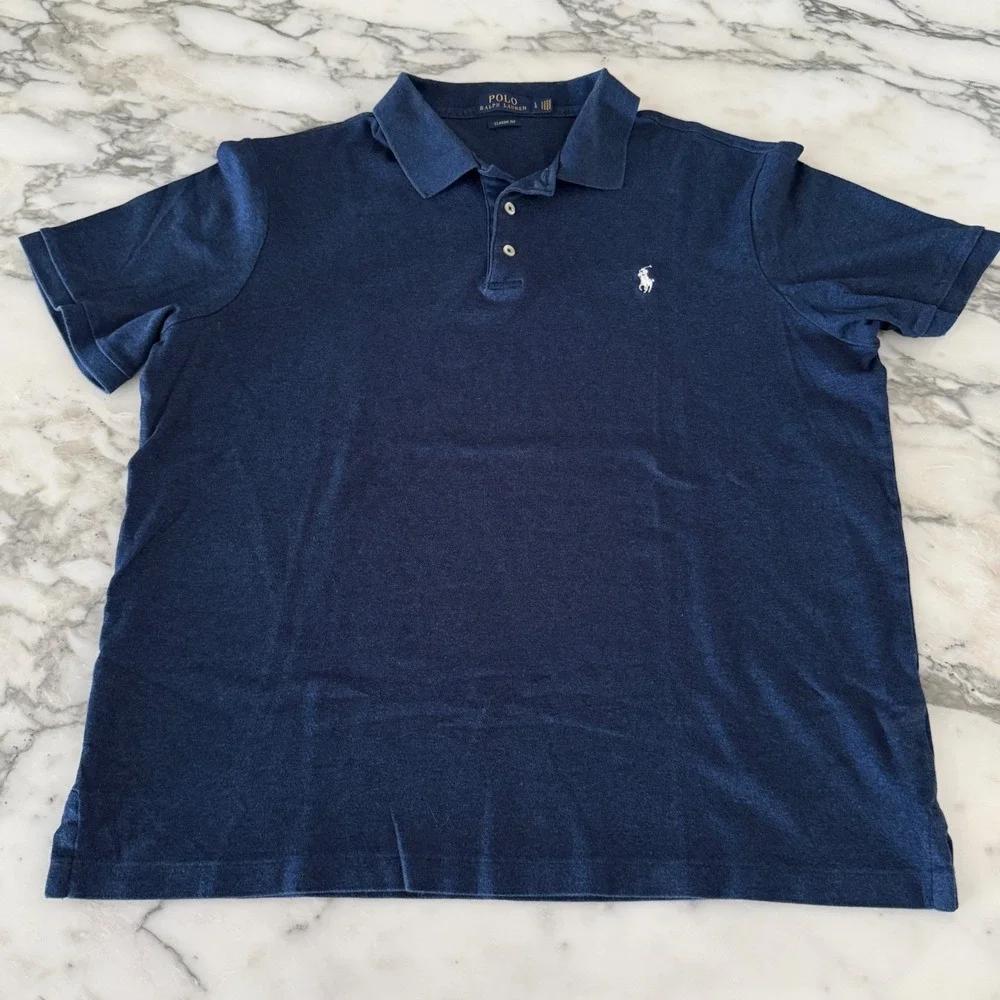 Polo Ralph Lauren Cotton Men's Navy Blue Polo Short sleeve shirt,  Large